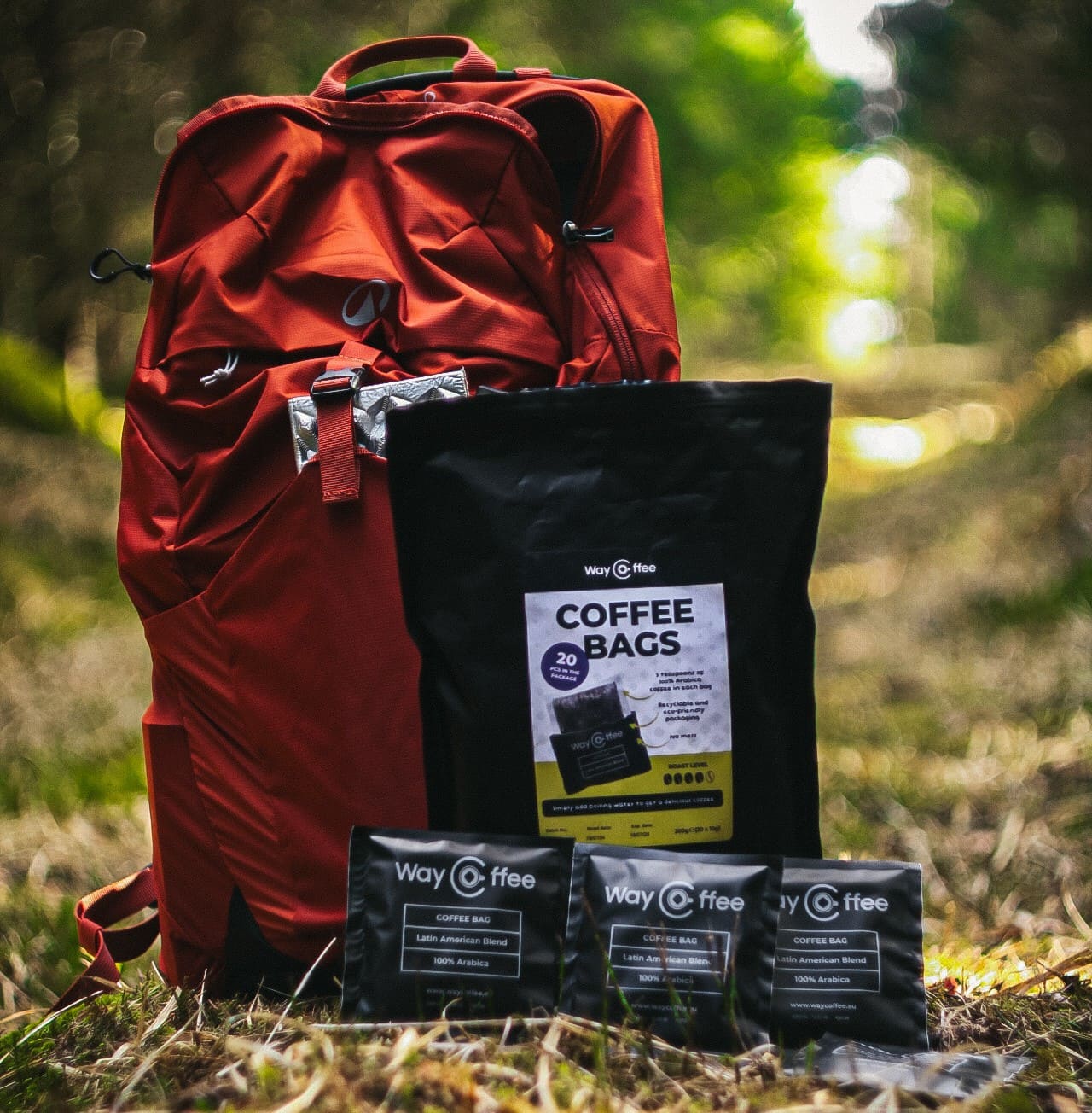 waycoffee coffee bags in forest for hiking or travelling