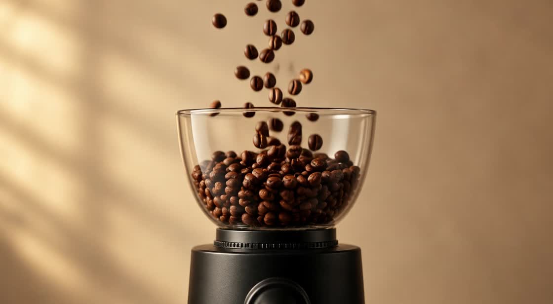 Grãos de café a cair no depósito de um moinho, com luz lateral quente