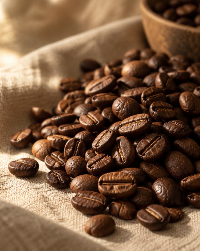 Grãos de café torrados sobre linho creme