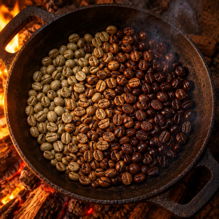 Grãos de café a torrar numa panela de ferro, ao lume